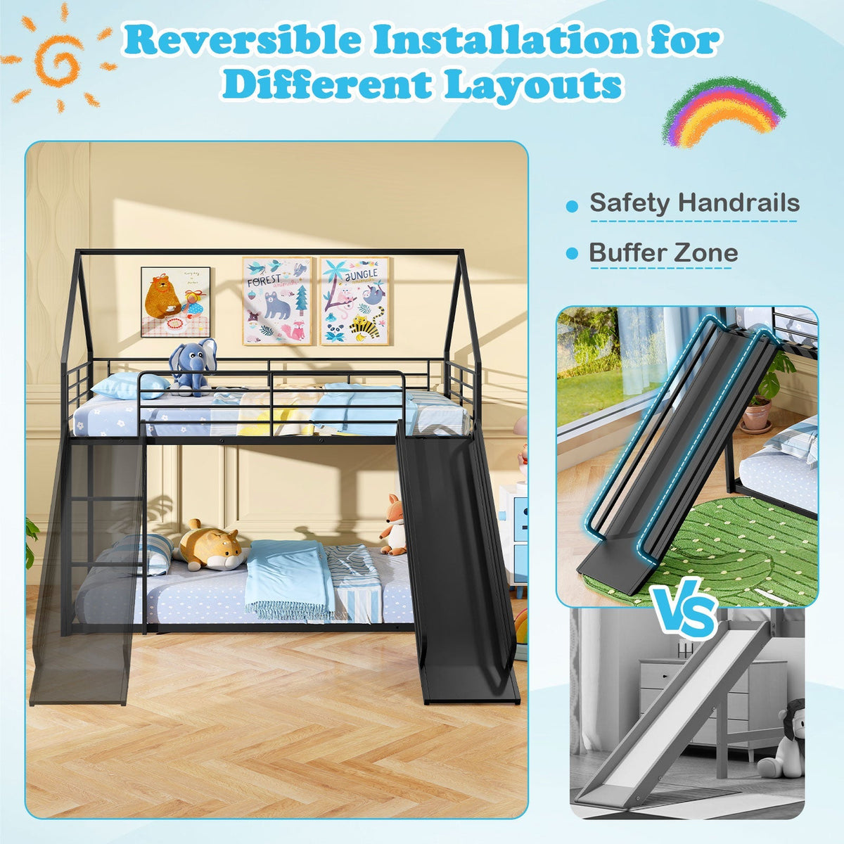 House-shaped Metal Twin Over Twin Low Bunk Bed-Black