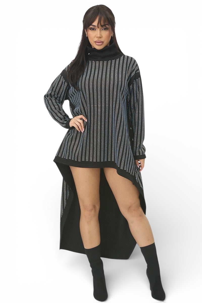 Rhinestone Mock Neck  Detail Hi Lo Top / Dress
