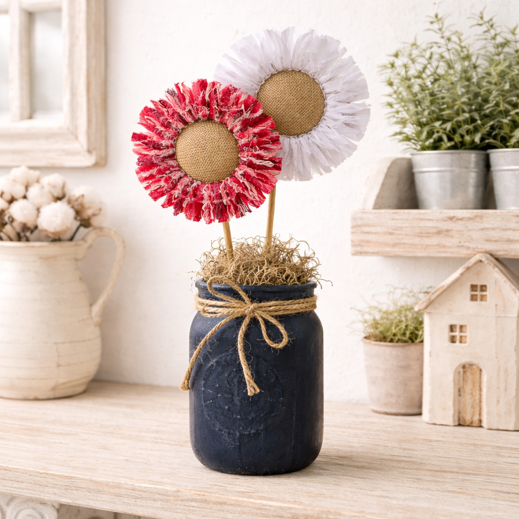 Patriotic Red/White Fabric Flowers