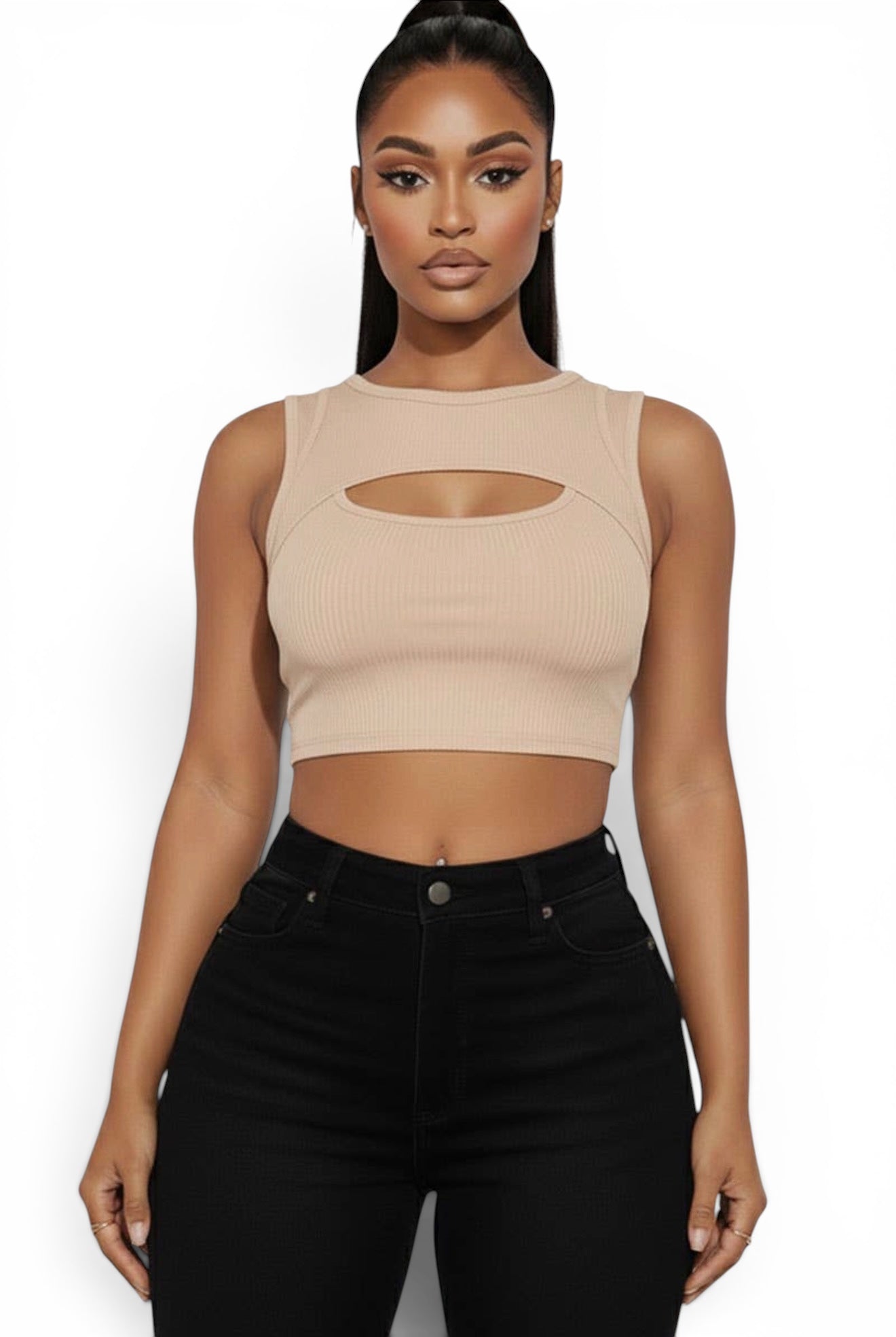 Ribbed Cut Out Front Crop Top {BT3971}