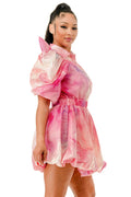 MultiColor Puffy Sleeve Bubble Hem Mini Dress