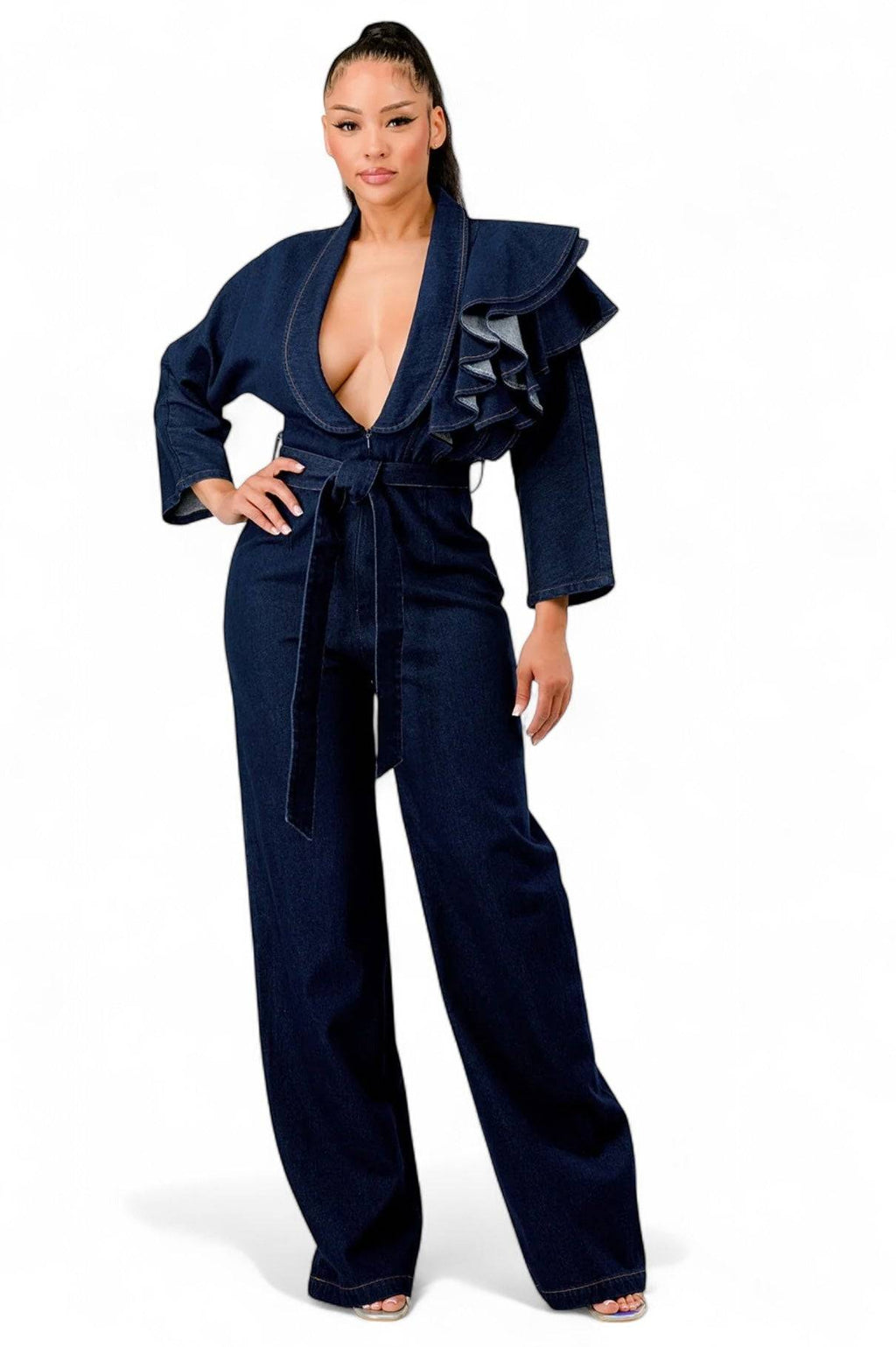Dark Denim Ruffle Shoulder Jumpsuit