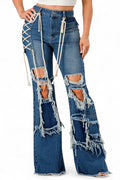 Curvy Lace-Up Shredded Flare Denim Pants