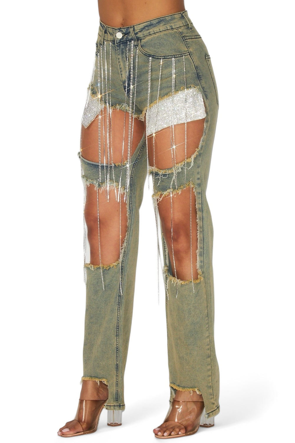 Elaine Rhinestone Chain Embellished Denim Jeans