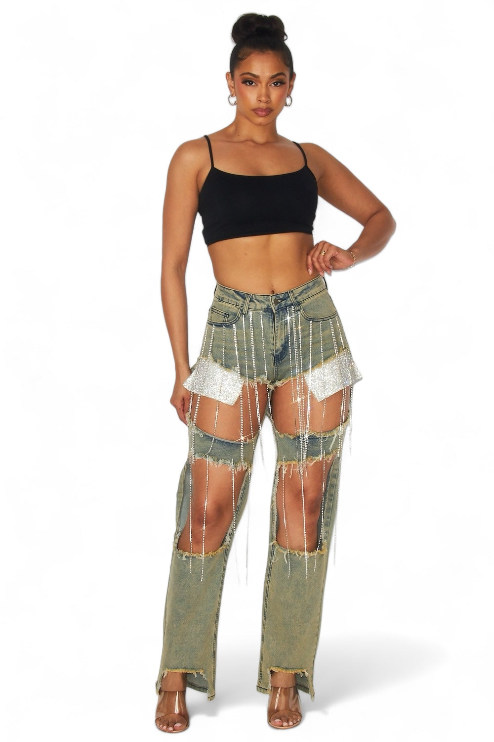 Elaine Rhinestone Chain Embellished Denim Jeans