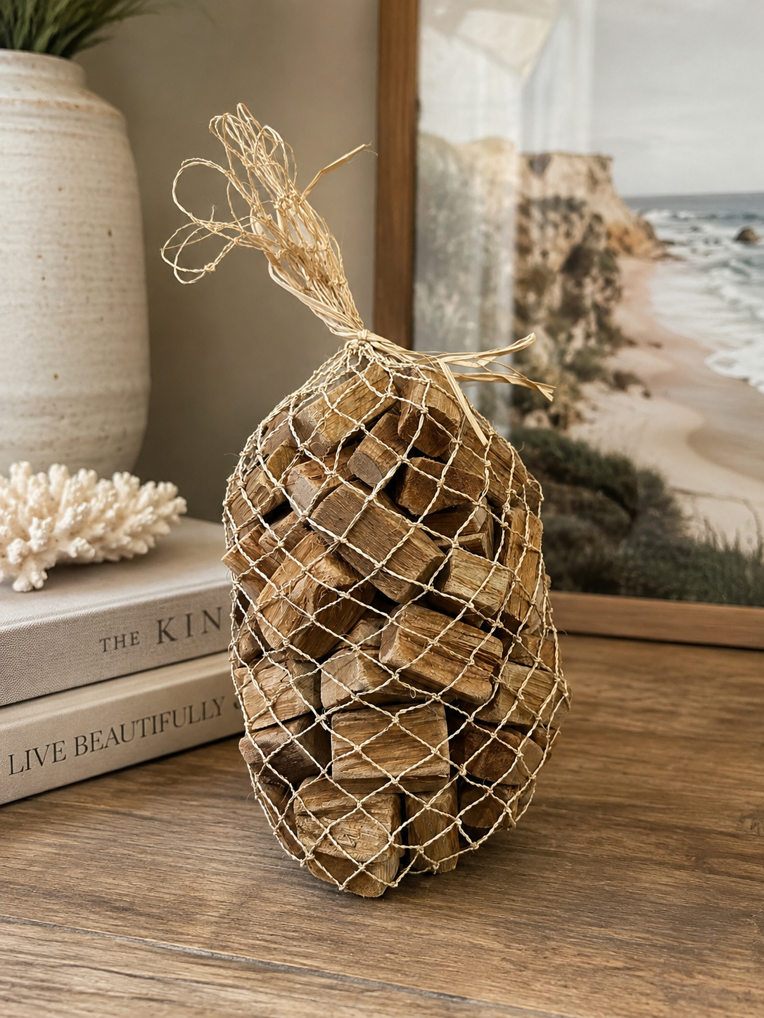 Natural Driftwood Pieces in Natural Abaca Net – 2.2 lb Decorative Coastal Accent