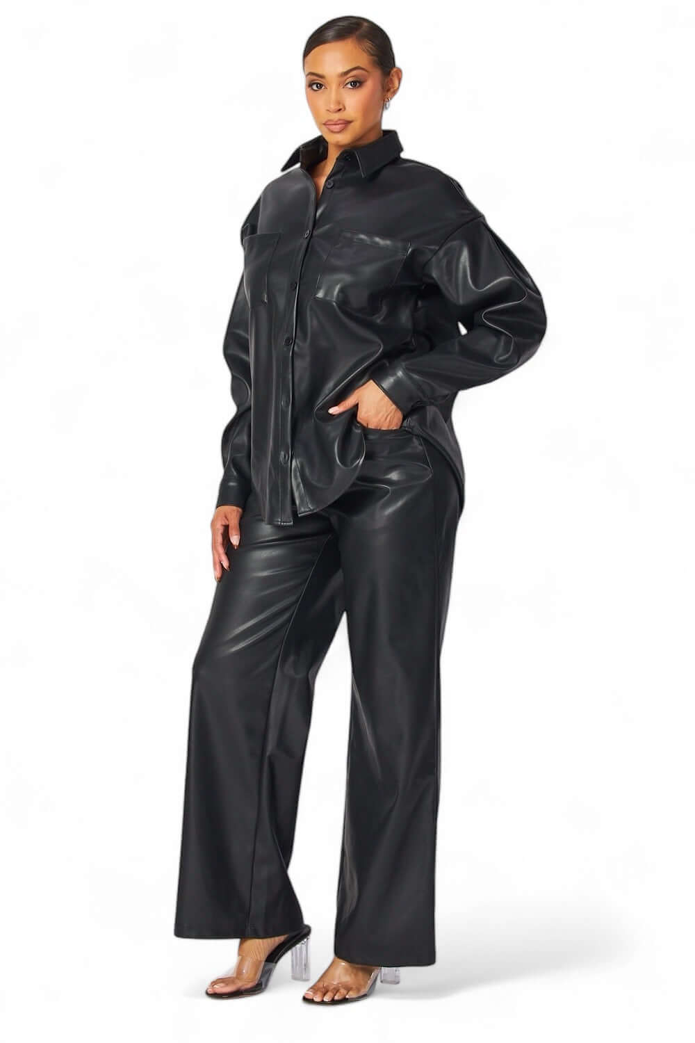 Emery Vegan Leather Button Down Shirt & Pants Two Piece Set