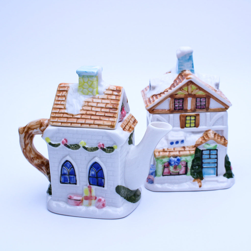 Houston Harvest Ceramic Christmas Cottage Teapot with Tea Caddy