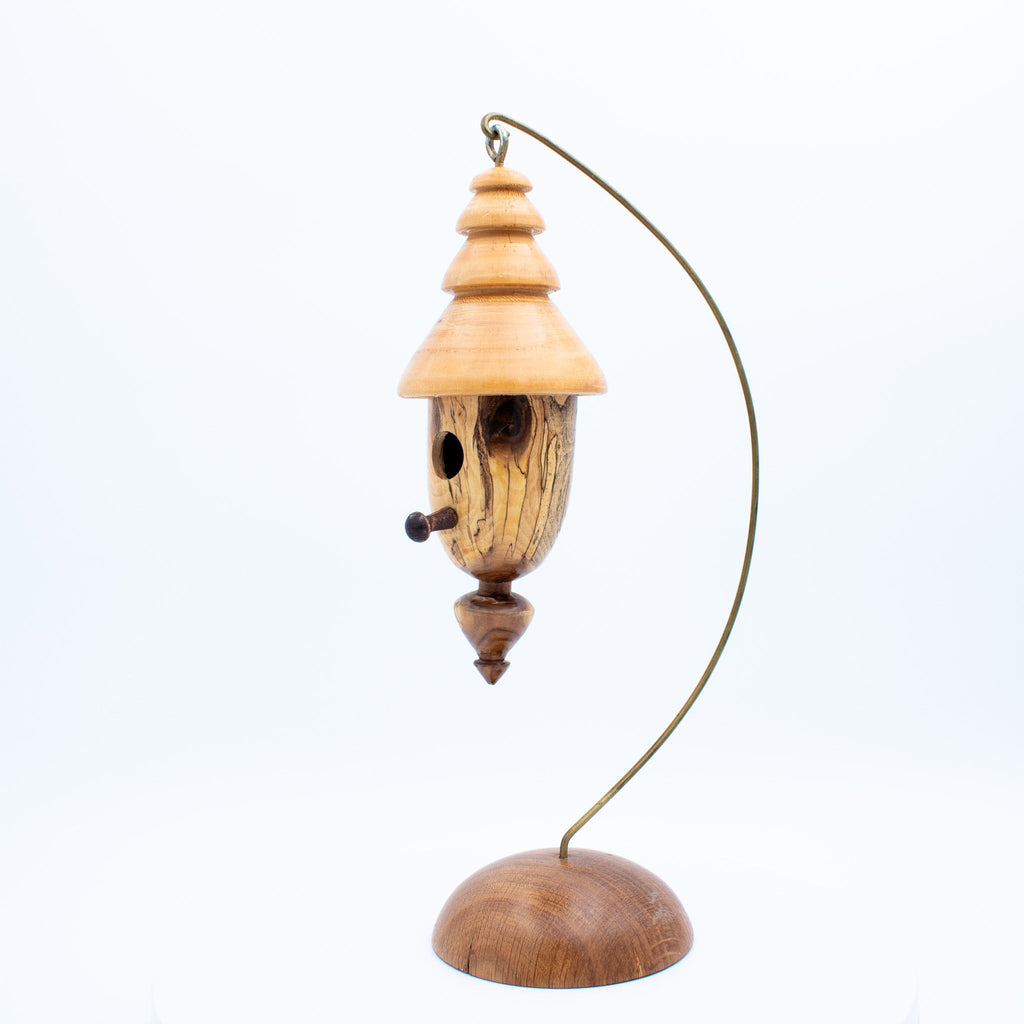 Hand‑Turned Wood Birdhouse Ornament with Stand 13.5"