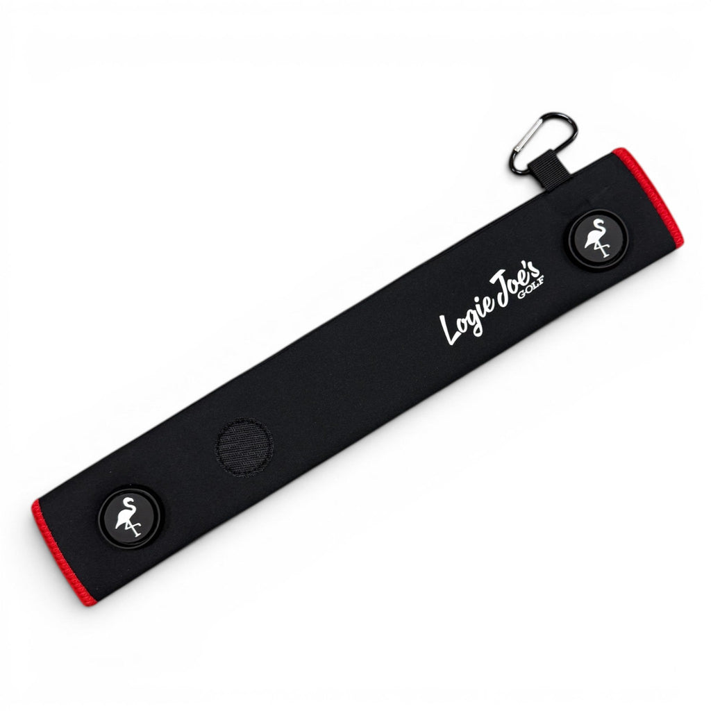 Black/Red Magnetic Golf Cart Strap Sleeve | Neoprene Rubber | Dual Accessory Magnets | Glove Holder with Velcro | Carabiner Bag Attachment | 18.5 x 3.5 in