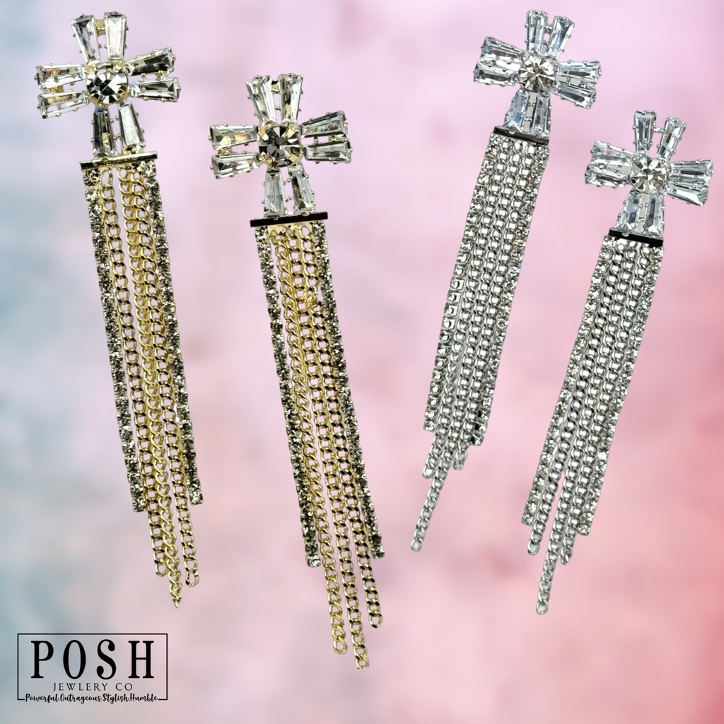 Rhinestone cross, fringe earring