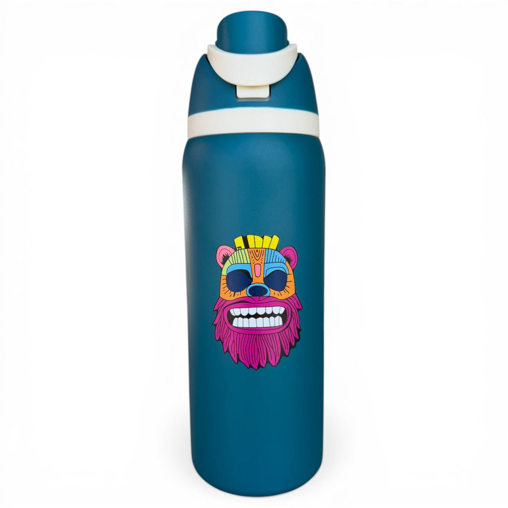 Tiki Bear Hydration Bottle | 32oz Insulated Stainless Steel | Flip Straw Lid w/ Handle