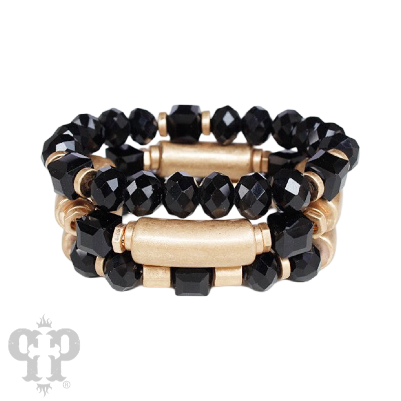 Gold tube and crystal beaded bracelet stack