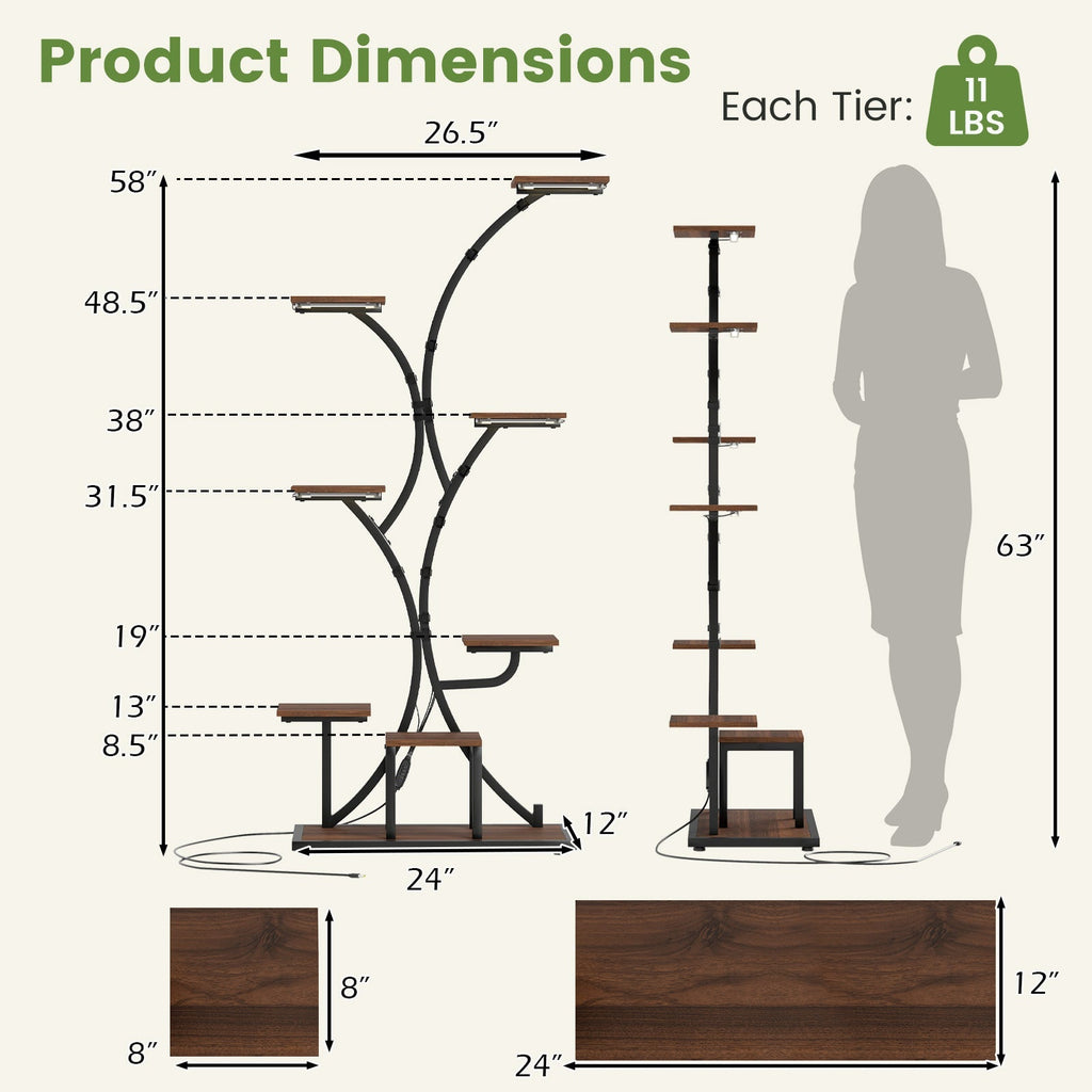 Indoor Plant Stand with Grow Lights 58" Tall 8-Tier Corner Metal Plant Shelf