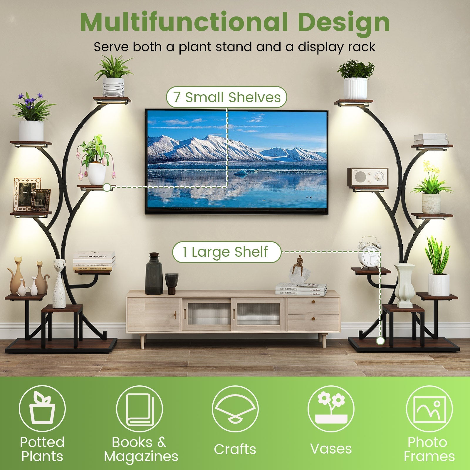 Indoor Plant Stand with Grow Lights 58" Tall 8-Tier Corner Metal Plant Shelf