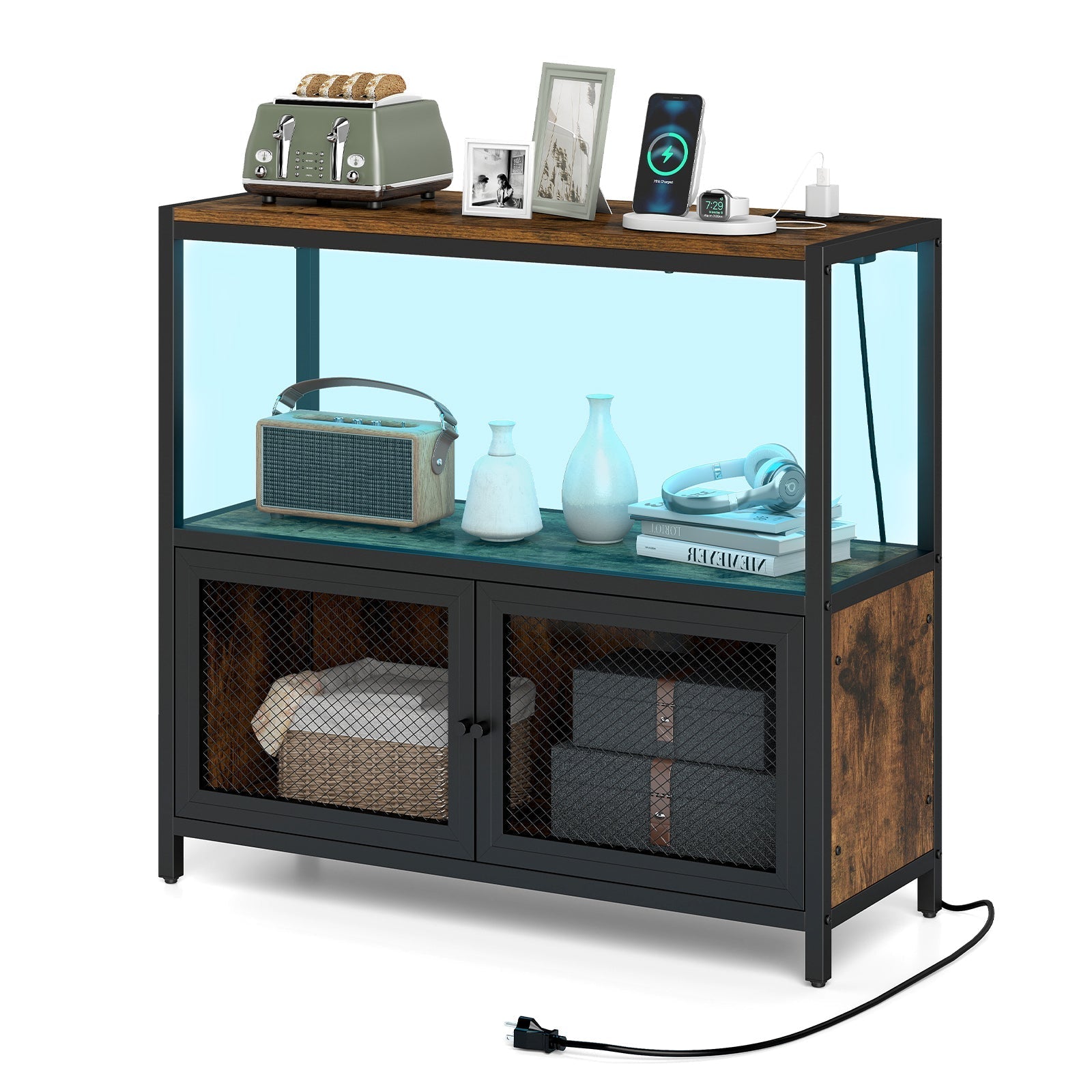 Industrial Coffee Bar Cabinet with LED Lights and Charging Station-Rustic Brown