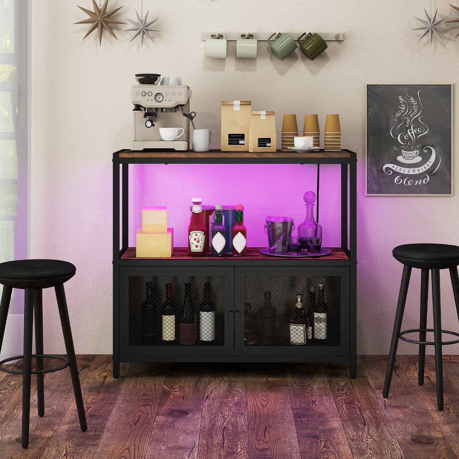Industrial Coffee Bar Cabinet with LED Lights and Charging Station-Rustic Brown