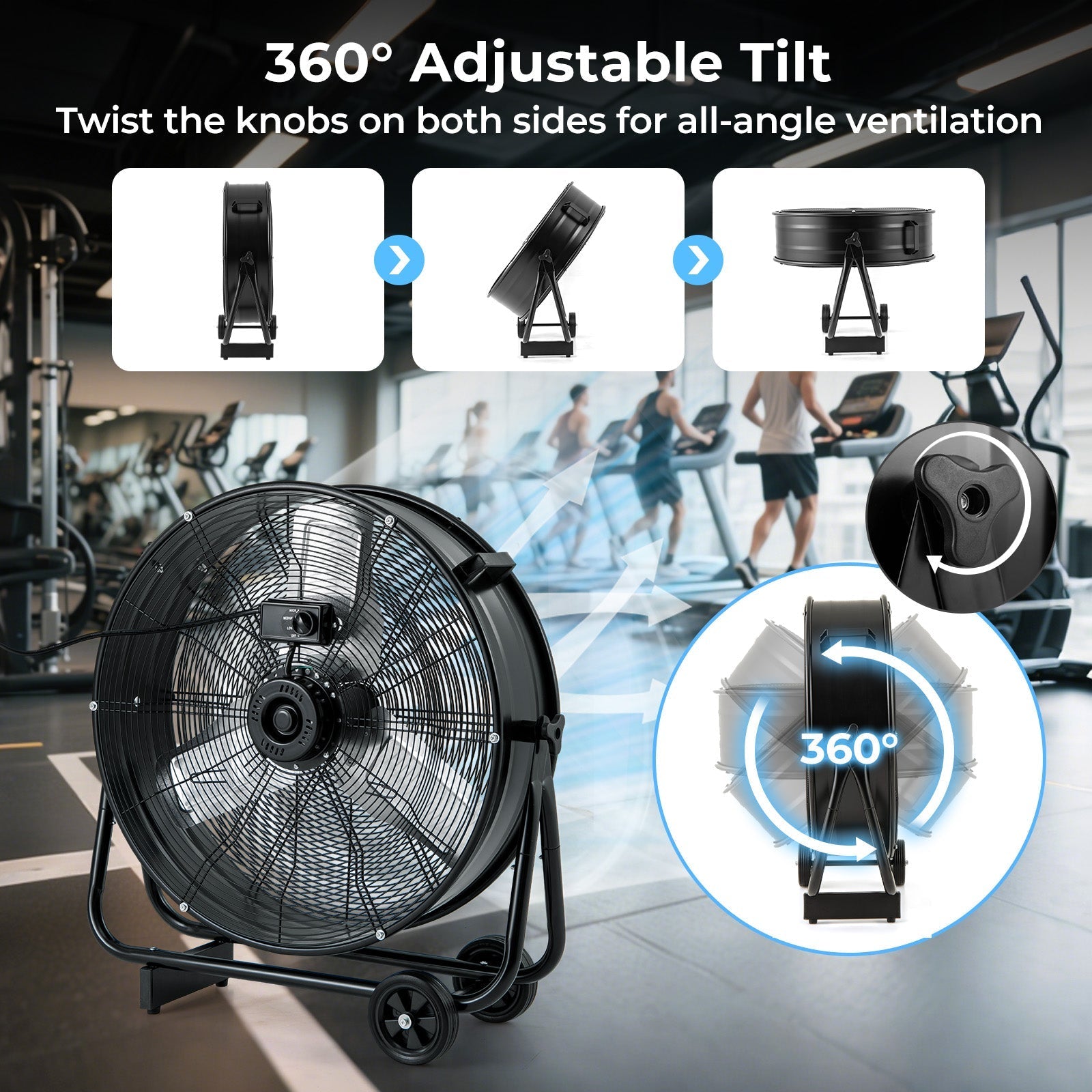 Industrial Drum Fan with 2 Wheels and 360-Degree Adjustable Tilt-Black