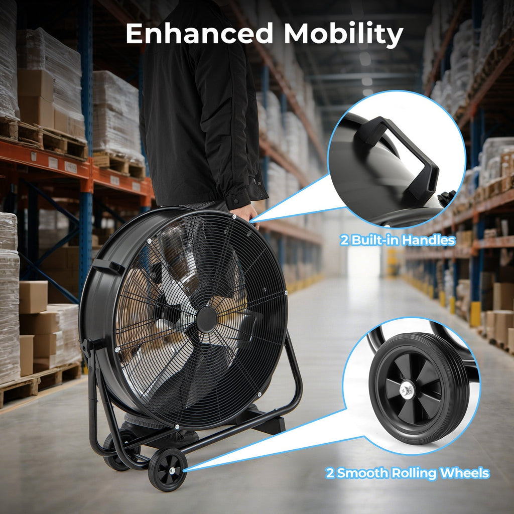 Industrial Drum Fan with 2 Wheels and 360-Degree Adjustable Tilt-Black