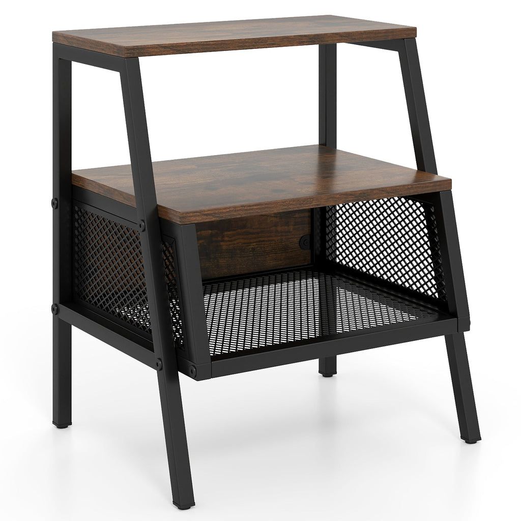 Industrial Nightstand 3-Tier End Table with 2 Open Shelves and Metal Mesh Compartment-Rustic Brown