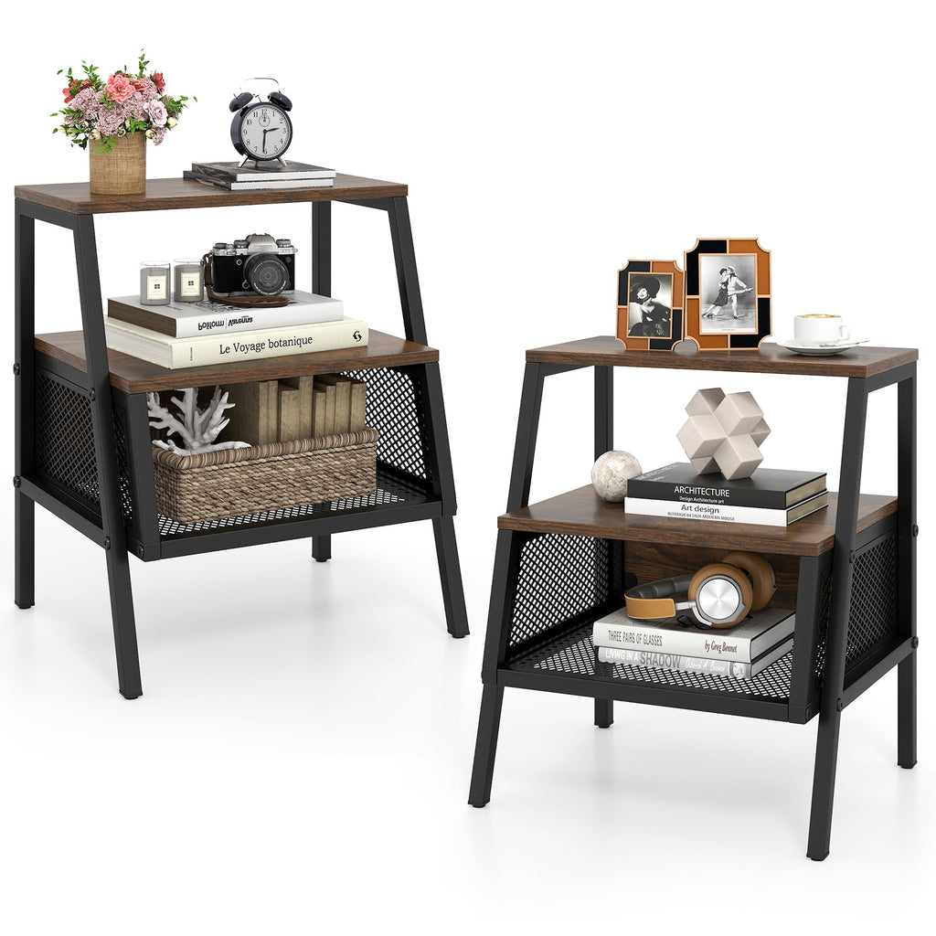 Industrial Nightstand 3-Tier End Table Set of 2 with 2 Open Shelves and Metal Mesh Compartment-Rustic Brown