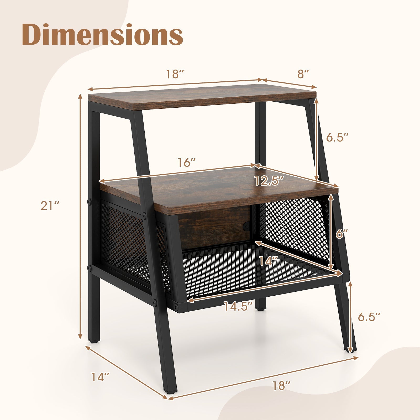 Industrial Nightstand 3-Tier End Table Set of 2 with 2 Open Shelves and Metal Mesh Compartment-Rustic Brown