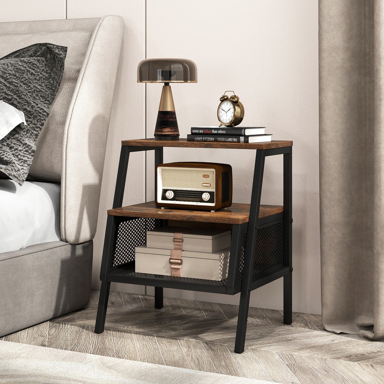 Industrial Nightstand 3-Tier End Table Set of 2 with 2 Open Shelves and Metal Mesh Compartment-Rustic Brown