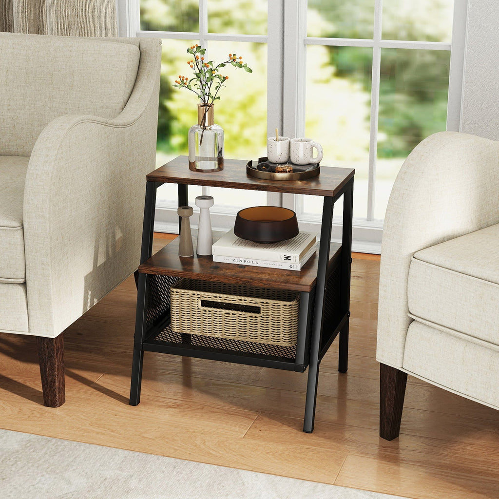 Industrial Nightstand 3-Tier End Table Set of 2 with 2 Open Shelves and Metal Mesh Compartment-Rustic Brown