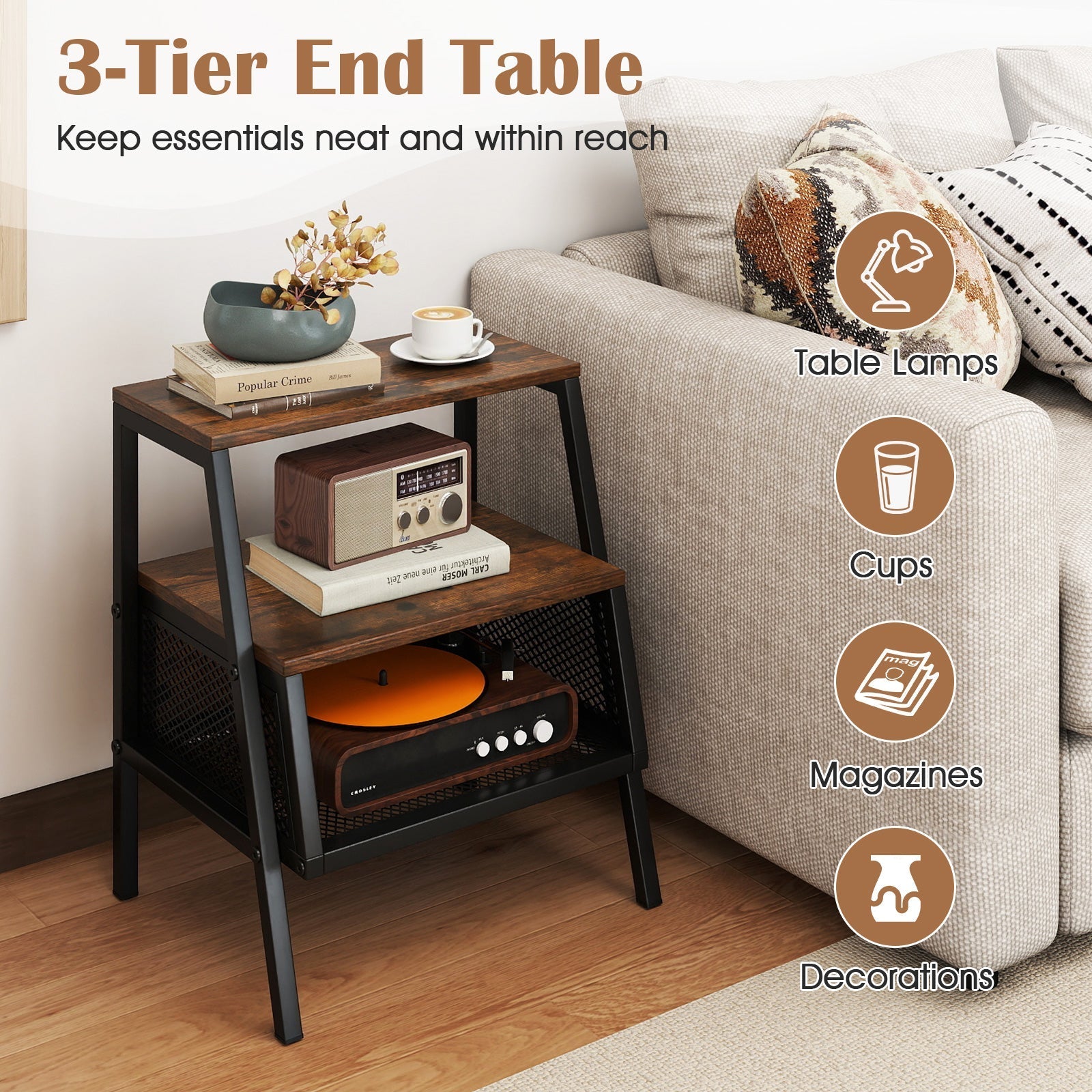 Industrial Nightstand 3-Tier End Table Set of 2 with 2 Open Shelves and Metal Mesh Compartment-Rustic Brown