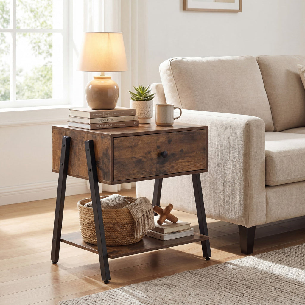 Industrial Nightstand with Drawer and Adjustable Feet