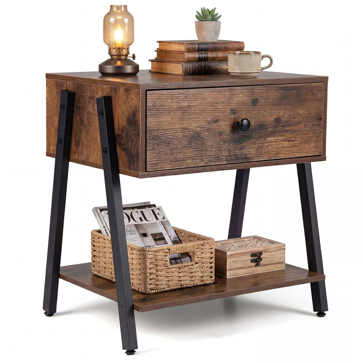 Industrial Nightstand with Drawer and Adjustable Feet
