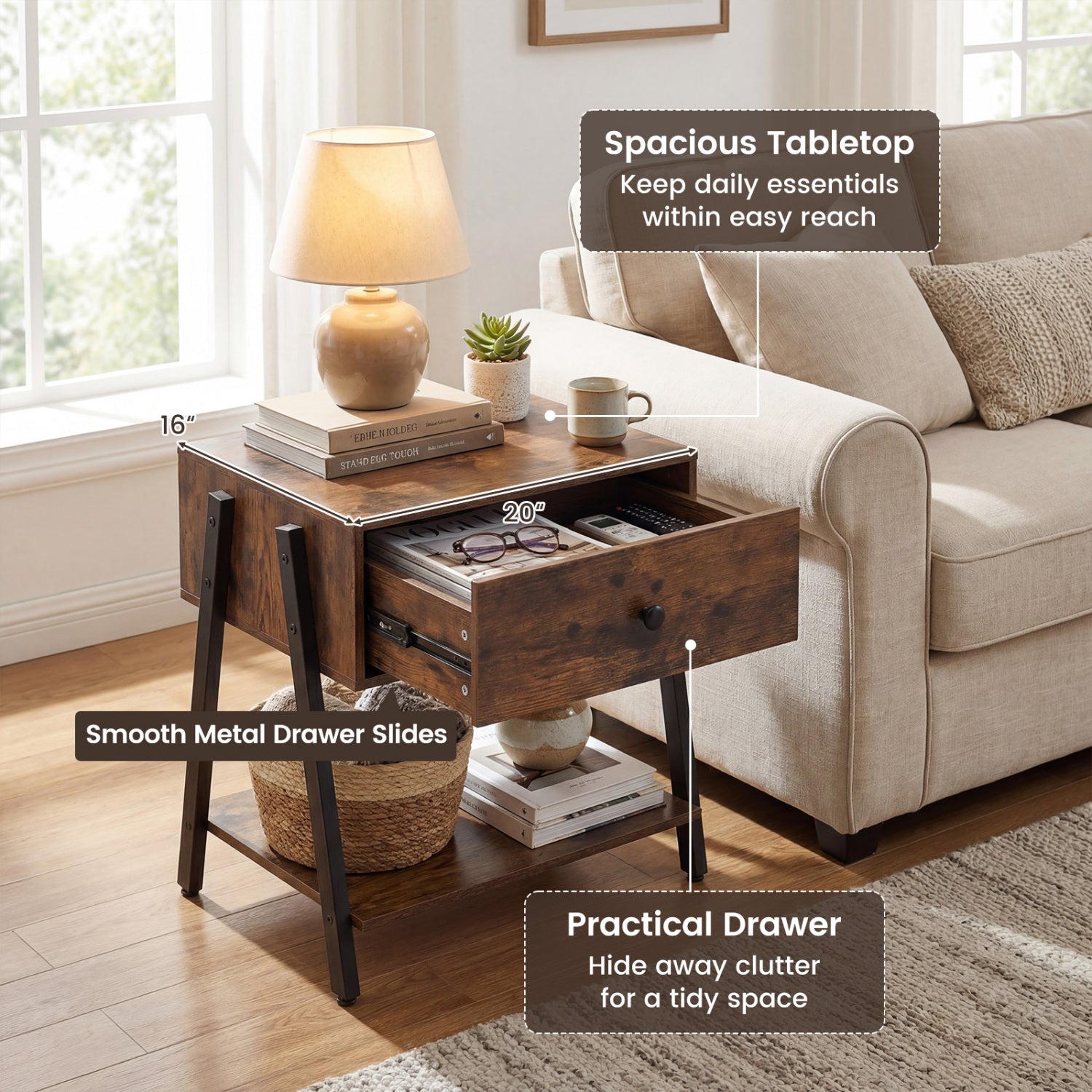 Industrial Nightstand with Drawer and Adjustable Feet