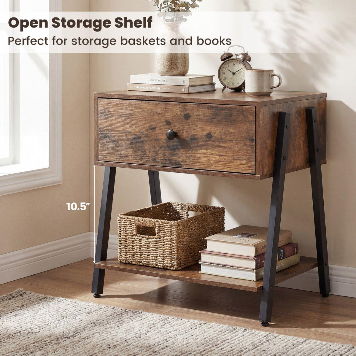 Industrial Nightstand with Drawer and Adjustable Feet