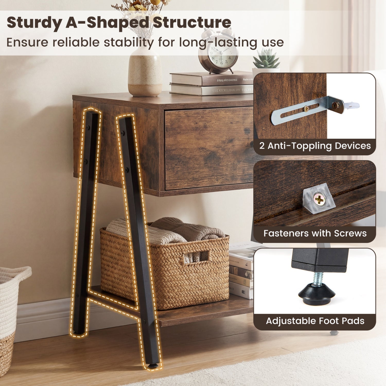 Industrial Nightstand with Drawer and Adjustable Feet