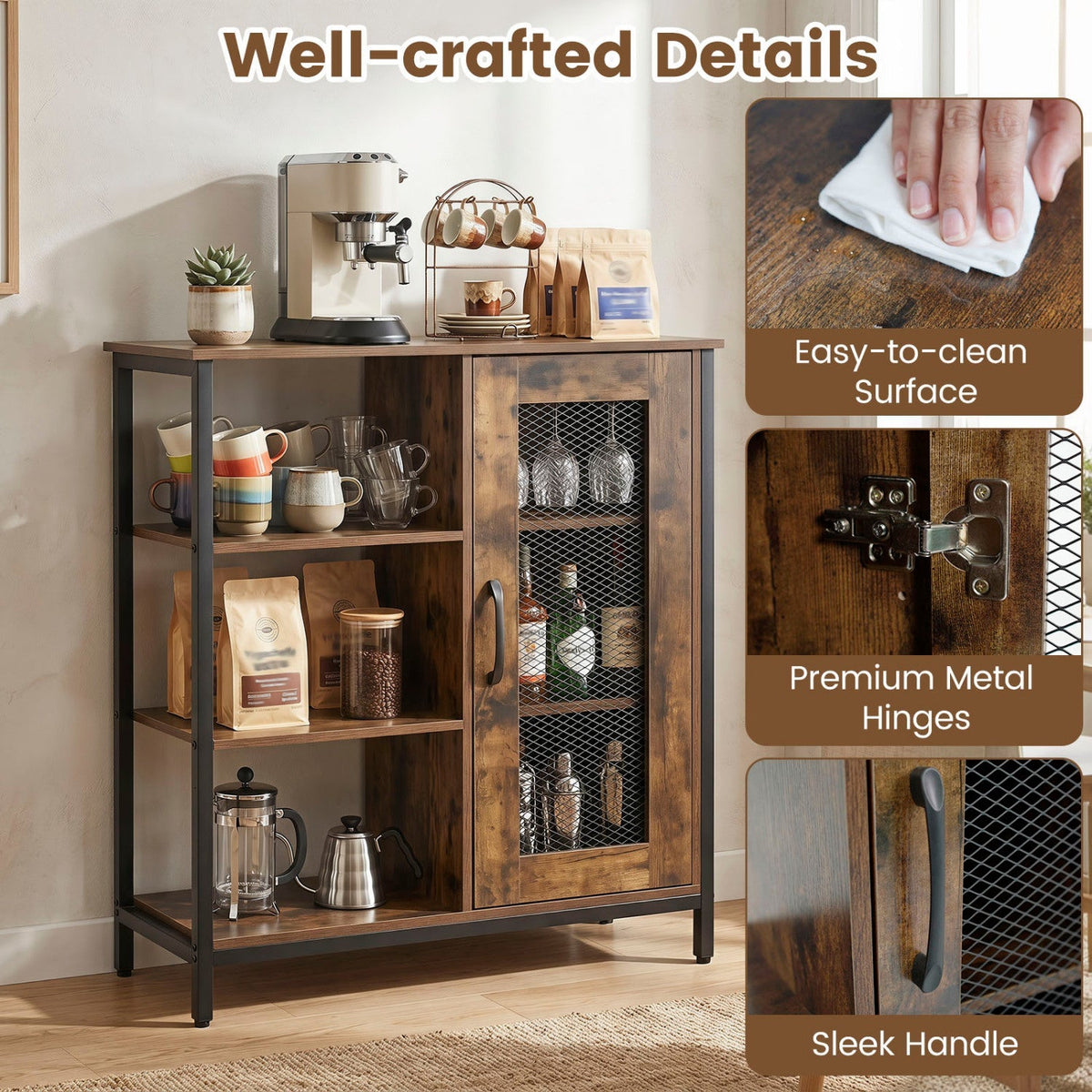 Industrial Side Cabinet with Metal Mesh Door & 3 Shelves