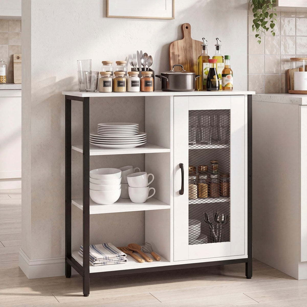 Industrial Side Cabinet with Metal Mesh Door & 3 Shelves