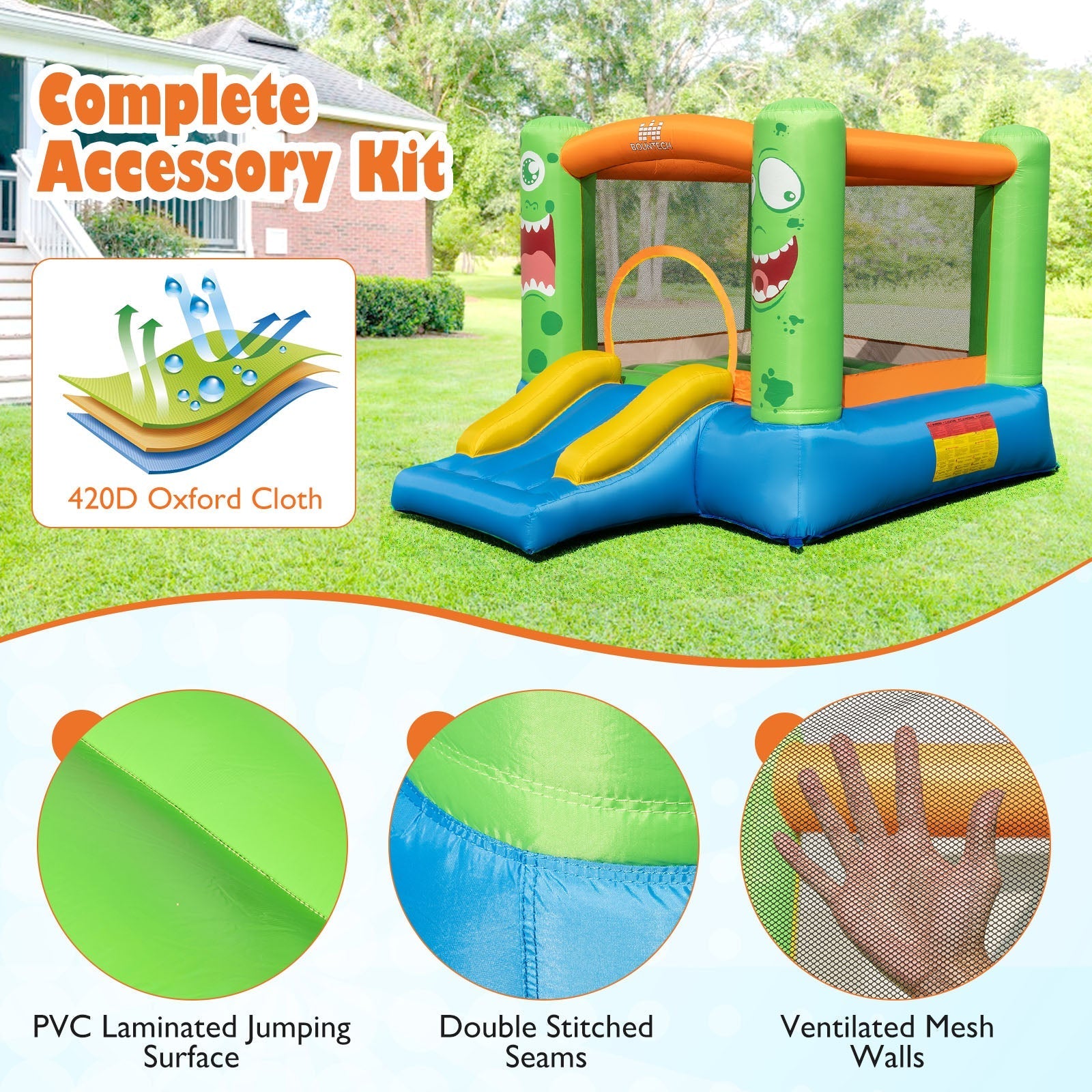 Inflatable Bounce House Monster Themed Bouncy Castle with Large Jumping Area and Slide 550W Blower Included