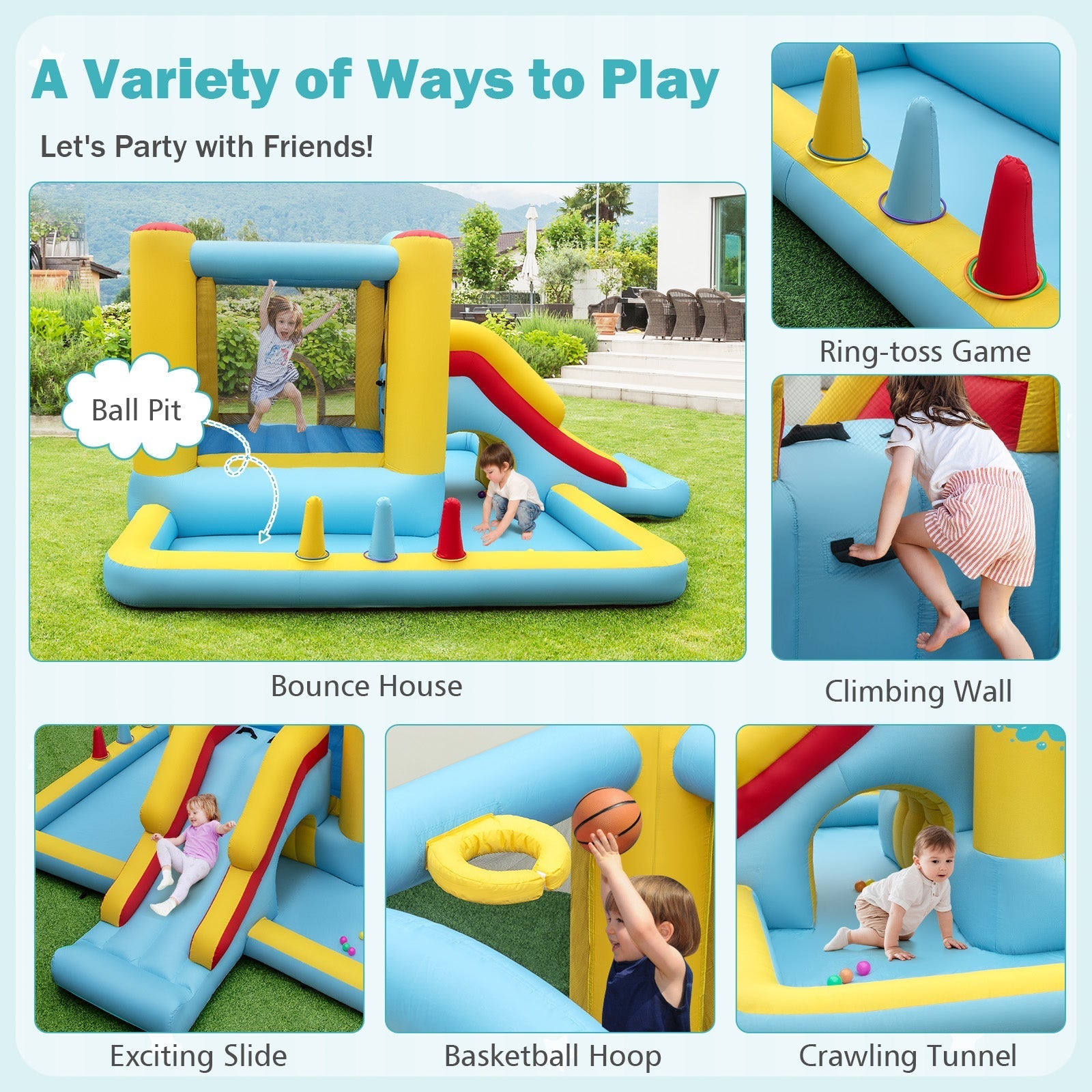 Inflatable Bounce House 7-in-1 Bouncy Castle with Slide and Tunnel with 550W Blower