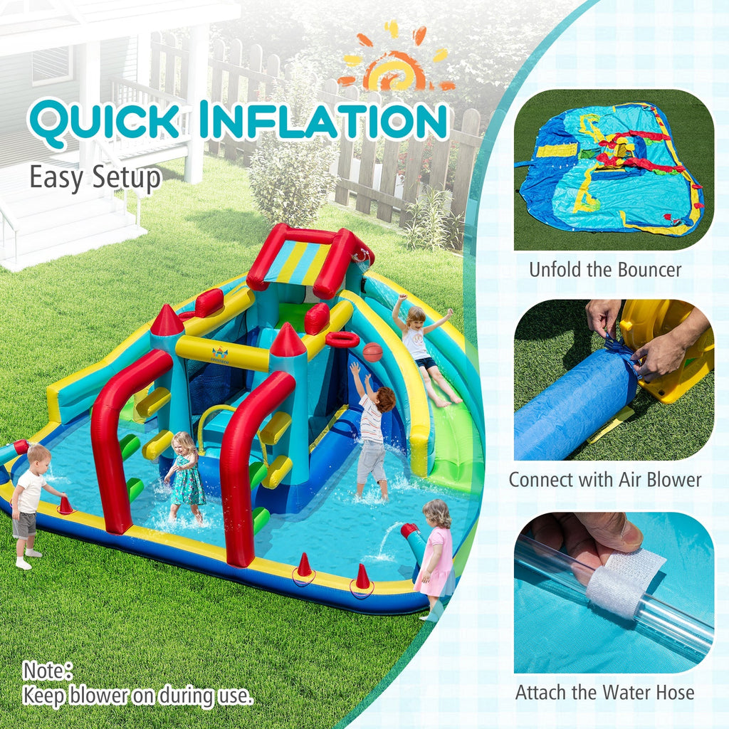 Inflatable Double Water Slide Park with Obstacle Course and 735W Blower