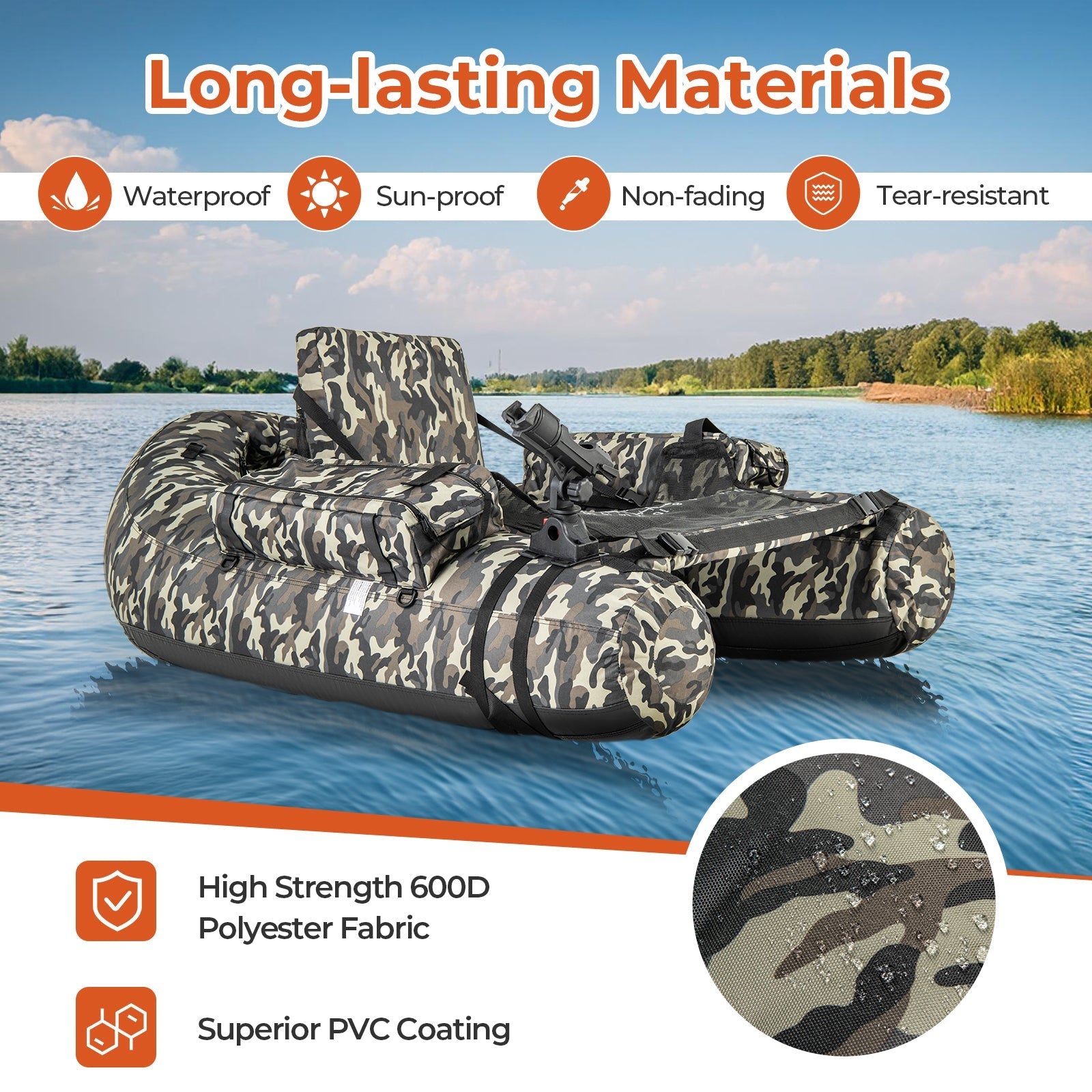 Inflatable Float Tube with Fish Ruler Rod Holder and Storage Pockets-Camouflage