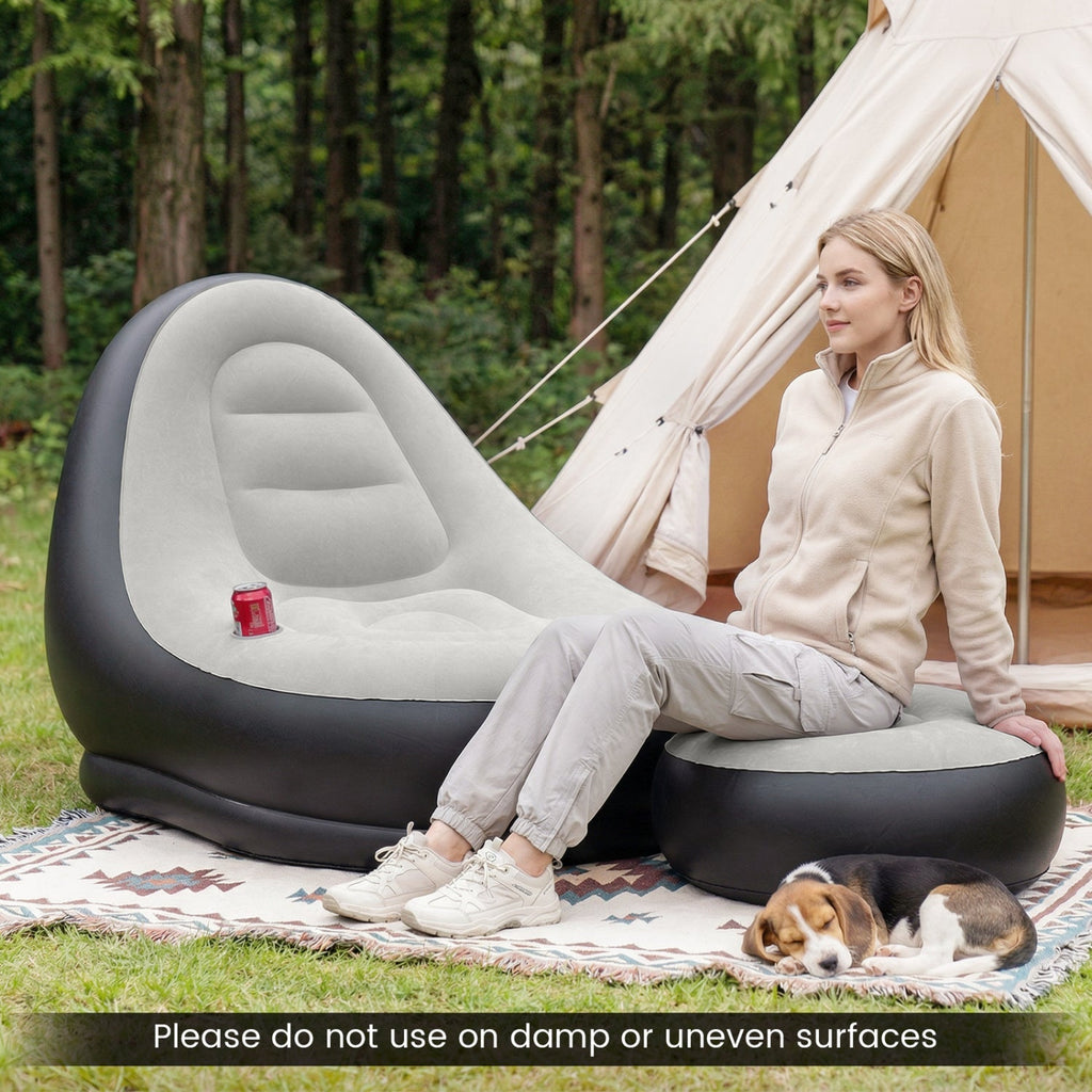 Inflatable Lounge Sofa with Ottoman Portable Air Sofa for Adults with Flocked Surface-Grey