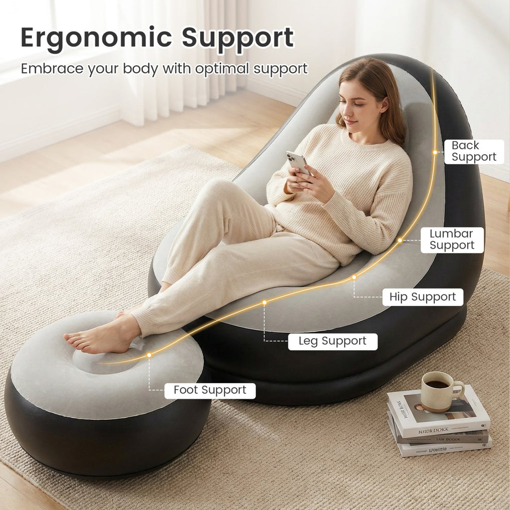 Inflatable Lounge Sofa with Ottoman Portable Air Sofa for Adults with Flocked Surface-Grey