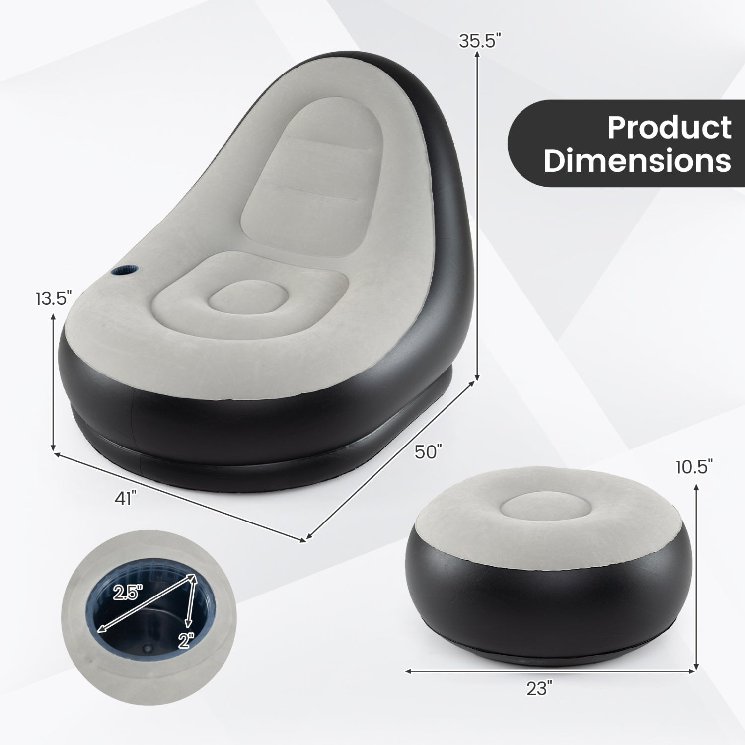 Inflatable Lounge Sofa with Ottoman Portable Air Sofa for Adults with Flocked Surface-Grey