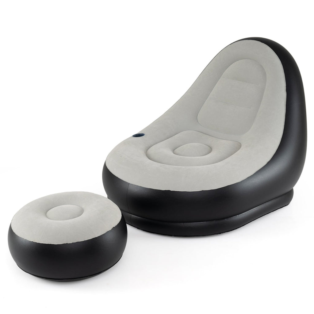 Inflatable Lounge Sofa with Ottoman Portable Air Sofa for Adults with Flocked Surface-Grey