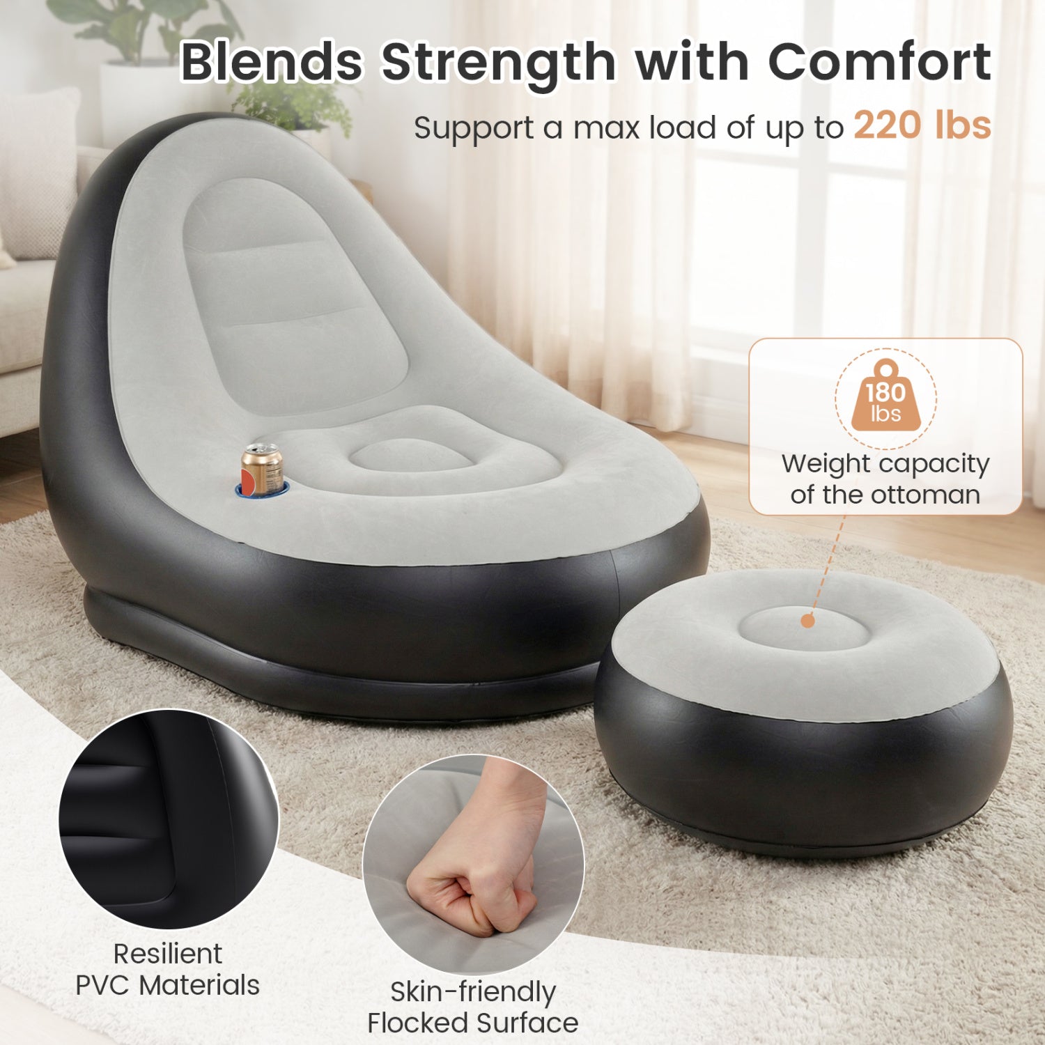 Inflatable Lounge Sofa with Ottoman Portable Air Sofa for Adults with Flocked Surface-Grey
