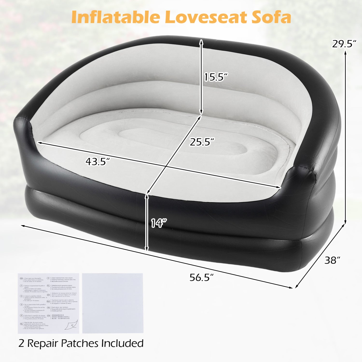Inflatable Loveseat Couch Portable and Foldable 2-Seater Air Sofa for Adults with Flocked Surface-Grey