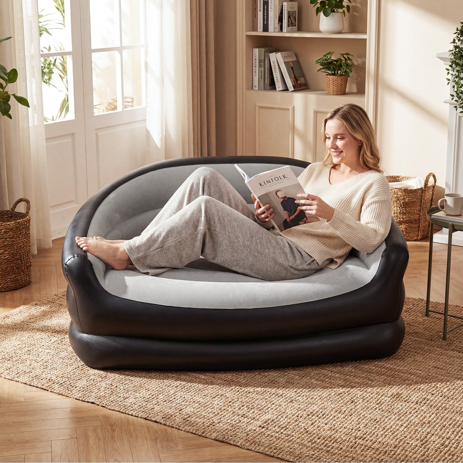 Inflatable Loveseat Couch Portable and Foldable 2-Seater Air Sofa for Adults with Flocked Surface-Grey