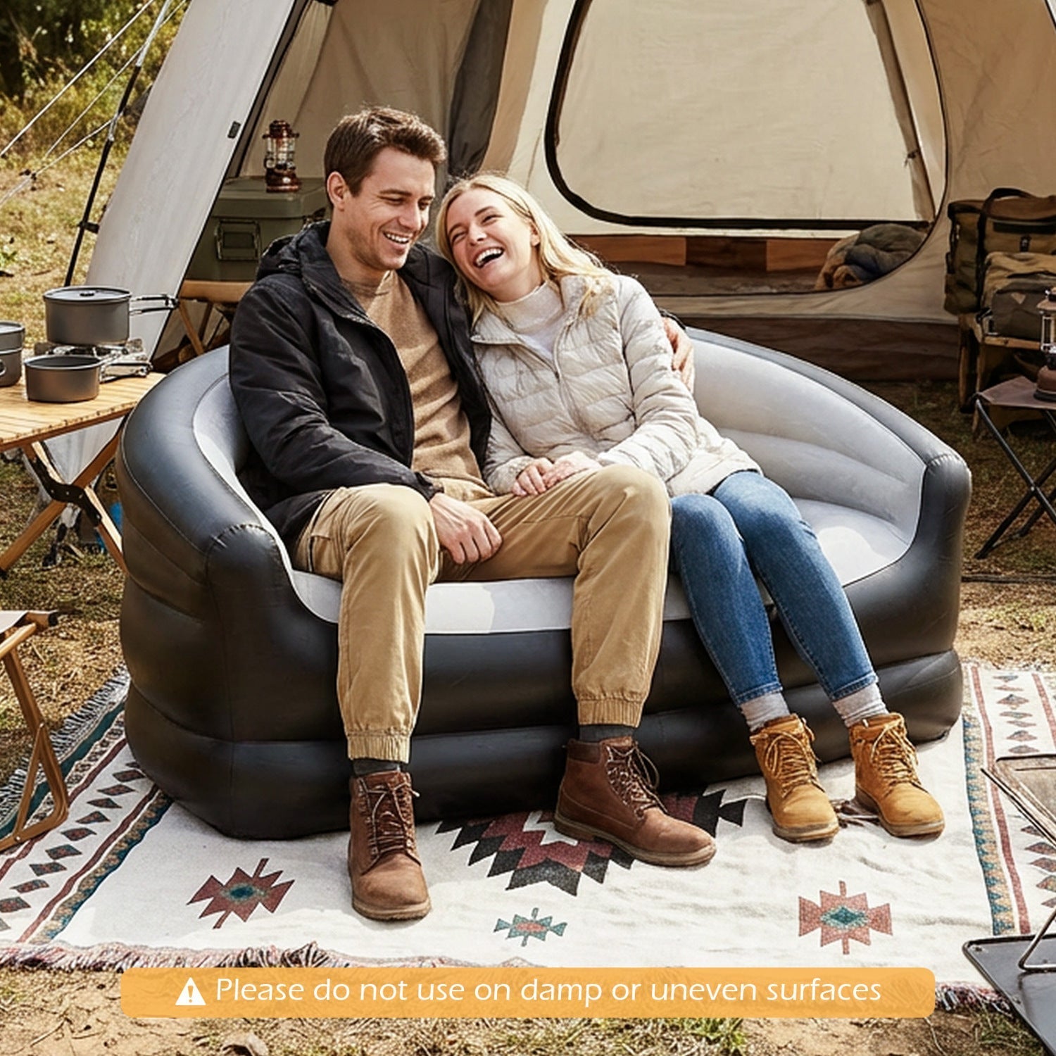 Inflatable Loveseat Couch Portable and Foldable 2-Seater Air Sofa for Adults with Flocked Surface-Grey
