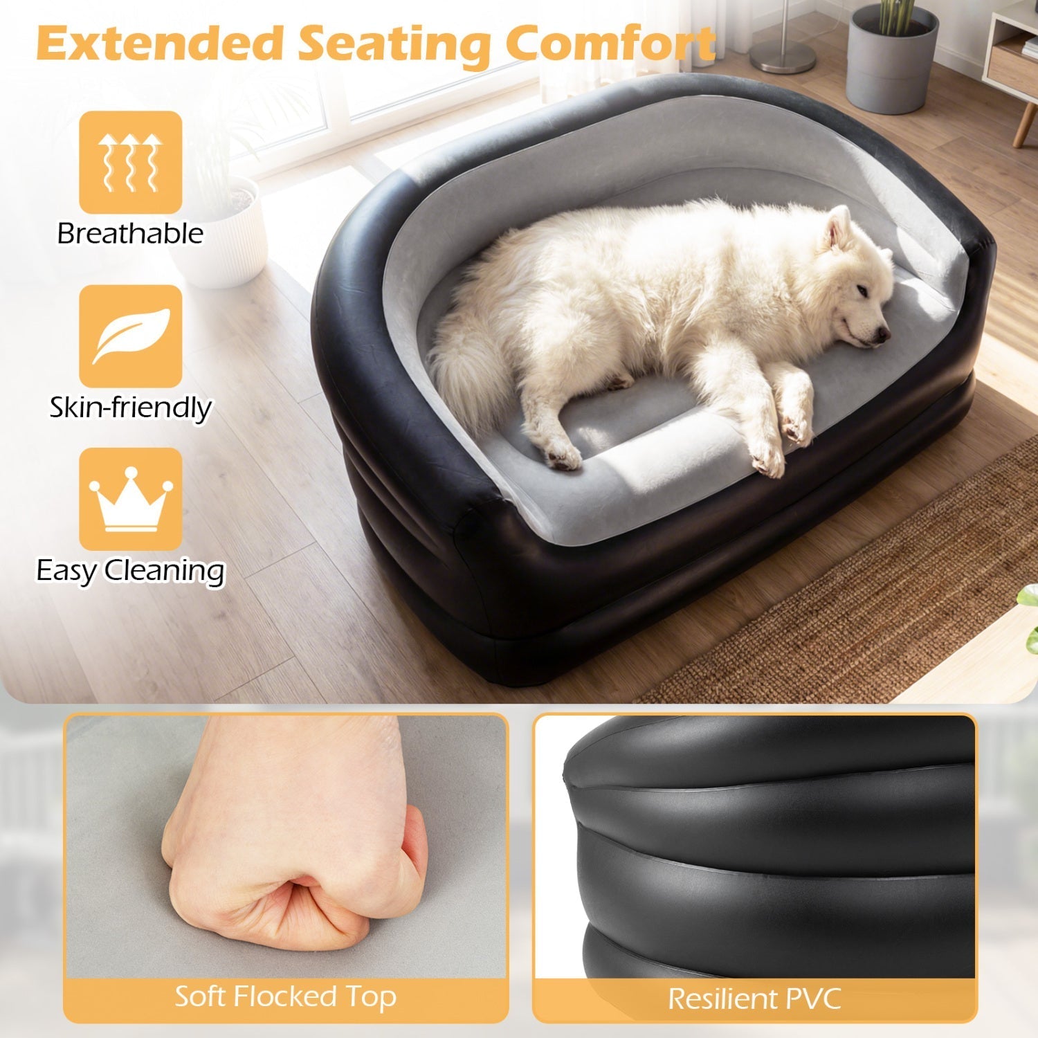 Inflatable Loveseat Couch Portable and Foldable 2-Seater Air Sofa for Adults with Flocked Surface-Grey