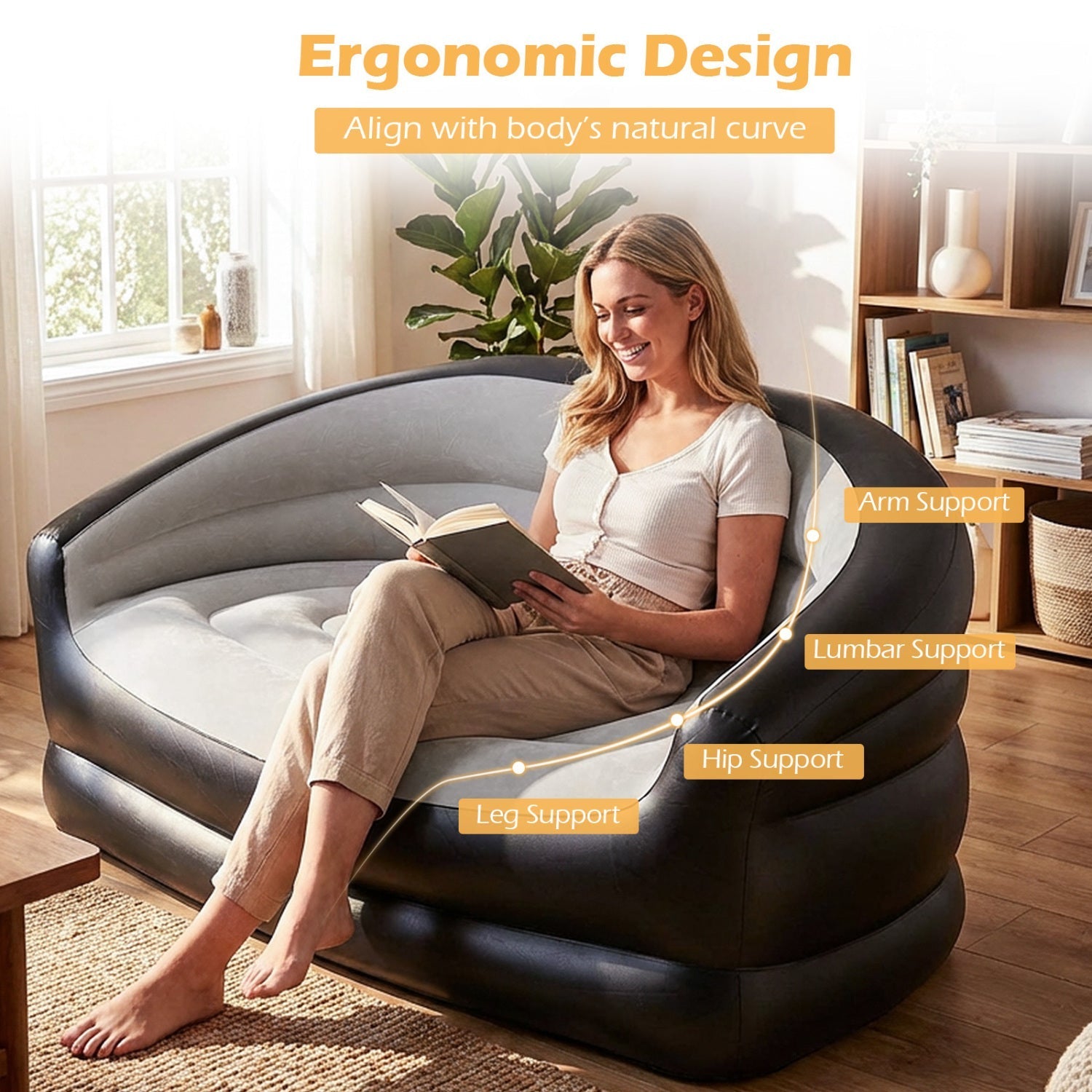 Inflatable Loveseat Couch Portable and Foldable 2-Seater Air Sofa for Adults with Flocked Surface-Grey